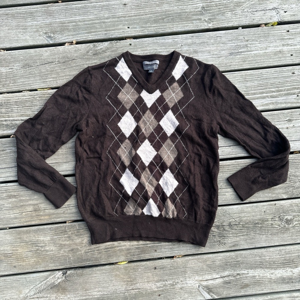 Merona Mens Brown Argyle V-Neck Sweater 100% Merino Wool‎ Size Large